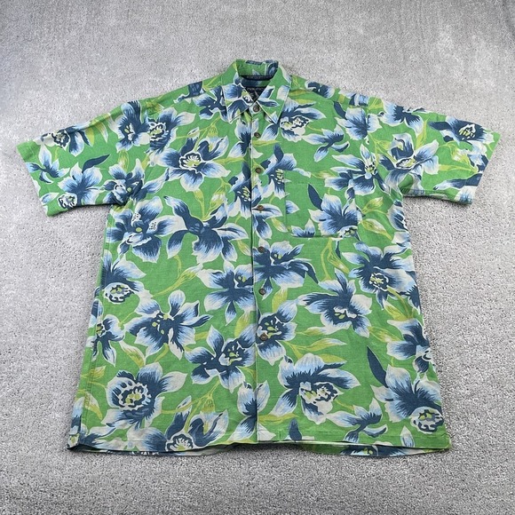 VINTAGE Nautica Shirt Mens Medium Green‎ Blue Hawaiian Floral Aloha Linen Blend - Picture 1 of 9